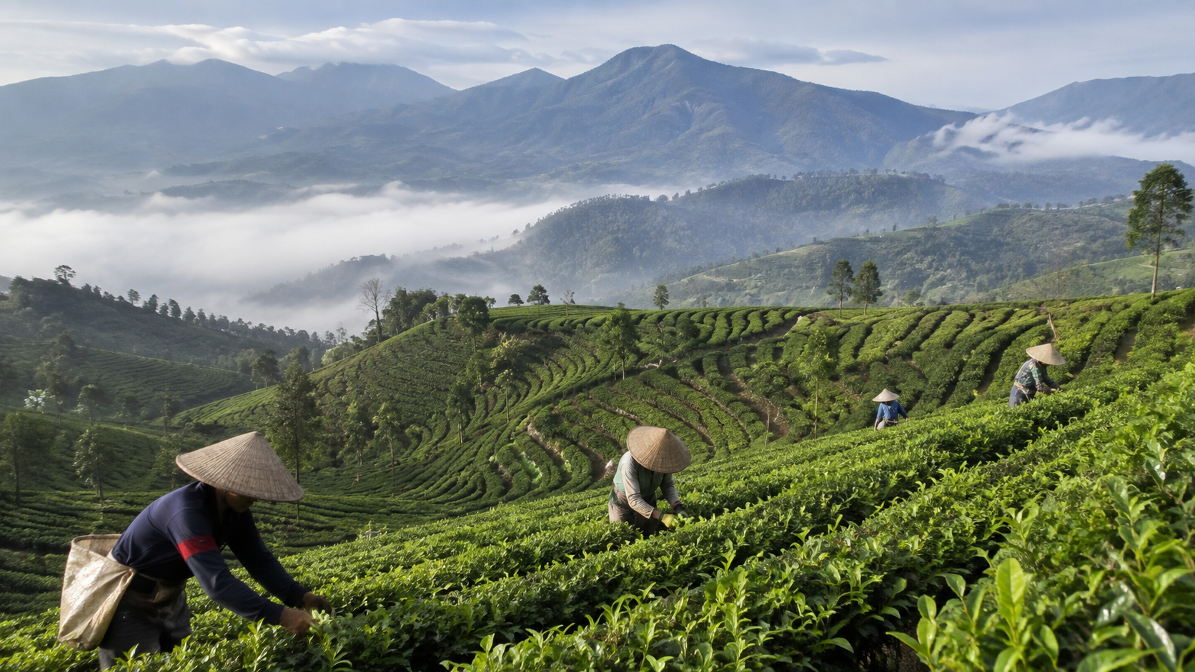Ilustrasi pekerja merawat kebun teh di kawasan Pangalengan Jawa Barat