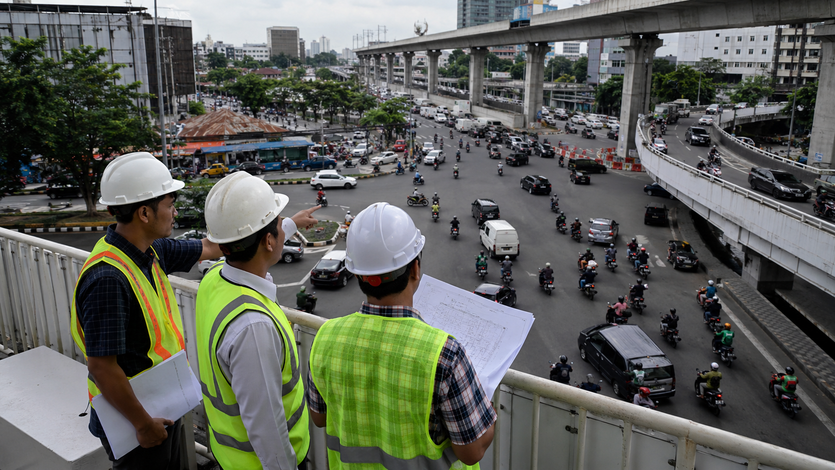Ilustrasi tim teknis meninjau rencana infrastruktur jalan di Depok