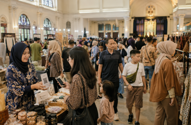 Pengunjung berbelanja produk lokal pada acara ekonomi kreatif di Bandung