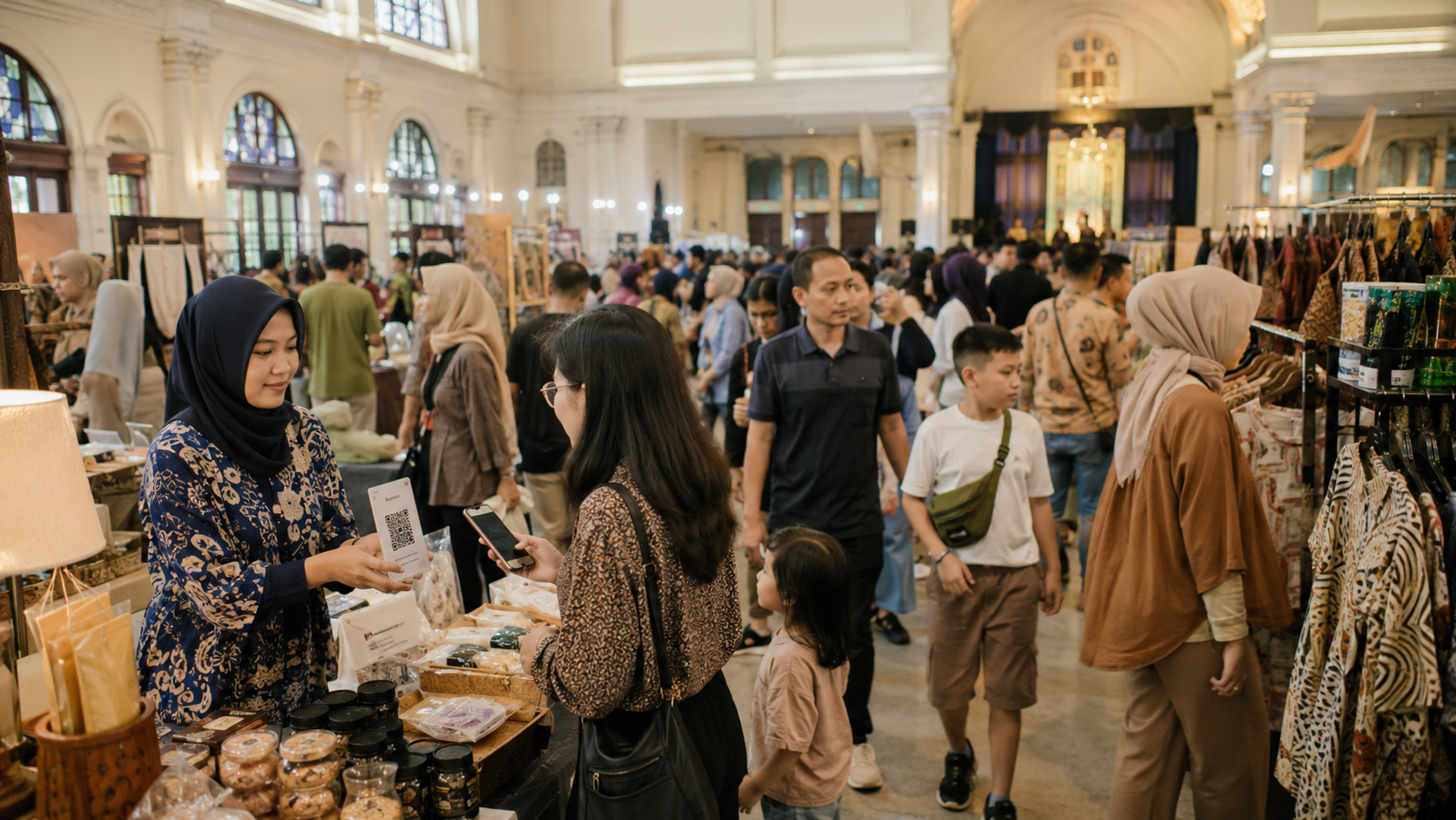 Pengunjung berbelanja produk lokal pada acara ekonomi kreatif di Bandung