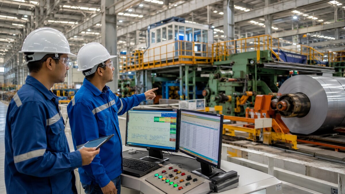 Foto ilustrasi realistis pabrik modern dan sistem digital yang mendukung hilirisasi industri Indonesia