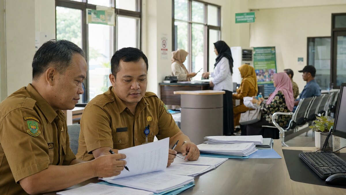 Foto ilustrasi realistis petugas pemerintah Kabupaten Bekasi memeriksa administrasi anggaran layanan kesehatan PBI