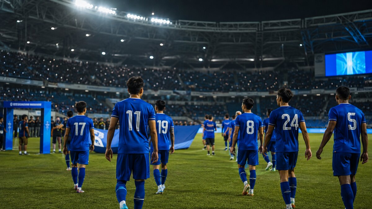 Foto ilustrasi realistis skuad sepak bola berbaju biru memasuki lapangan stadion untuk musim 2026/2027