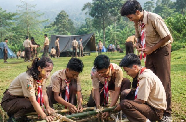 Foto ilustrasi realistis pelajar Pramuka Jawa Barat mengikuti kegiatan kerja sama di bumi perkemahan
