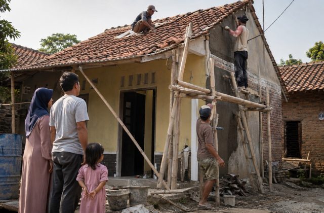 Pekerja memperbaiki rumah warga dalam program bantuan perumahan di Jawa Barat