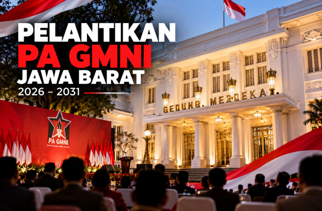 Ilustrasi AI pelantikan PA GMNI Jawa Barat 2026–2031 di Gedung Merdeka Bandung