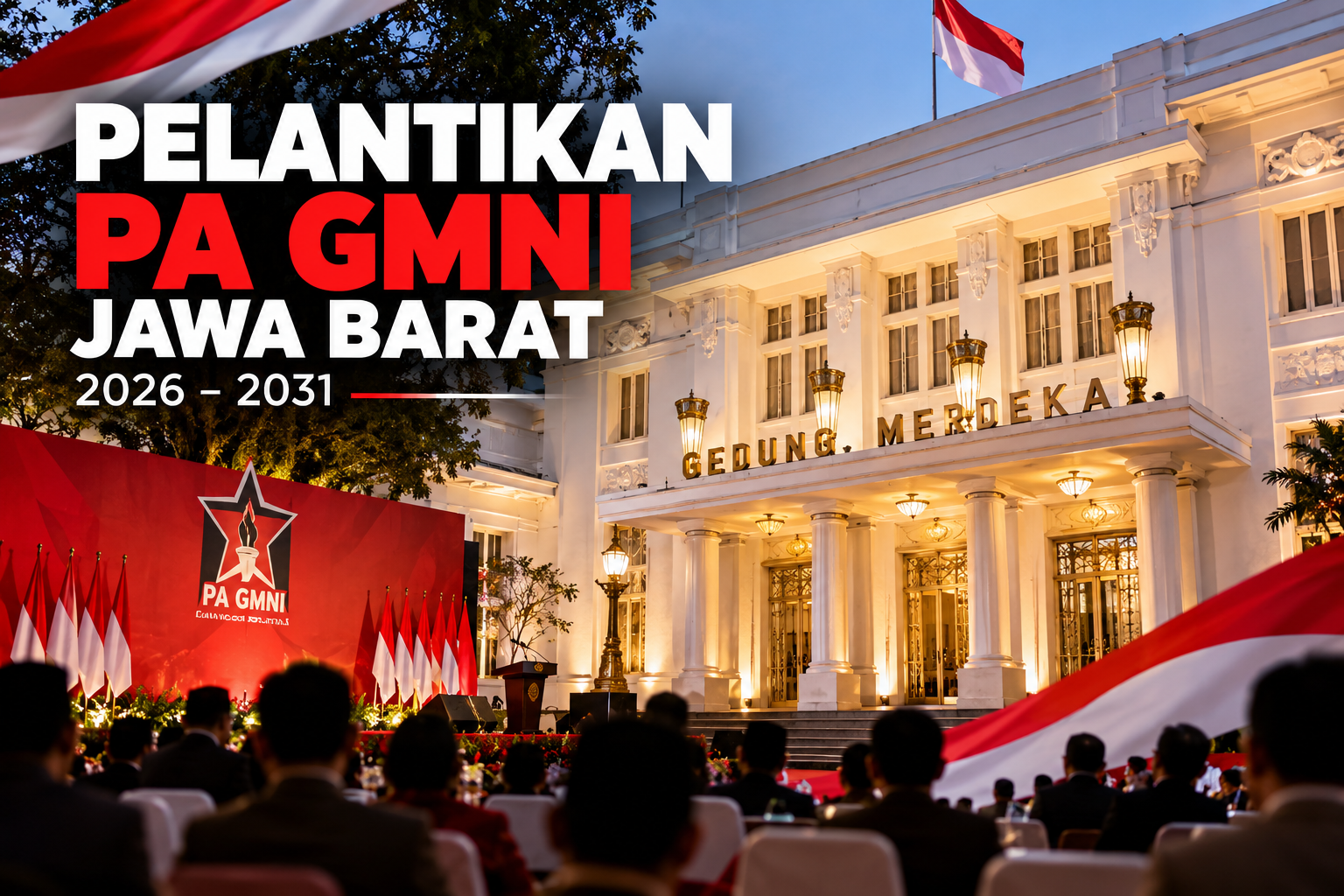 Ilustrasi AI pelantikan PA GMNI Jawa Barat 2026–2031 di Gedung Merdeka Bandung